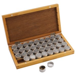 Boxes Wooden with Round, Glass Top Aluminium Tins